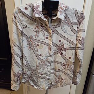 HM Womens Paisley Scarf Print Button Down Blouse Cream Burgundy Blue Size 4
